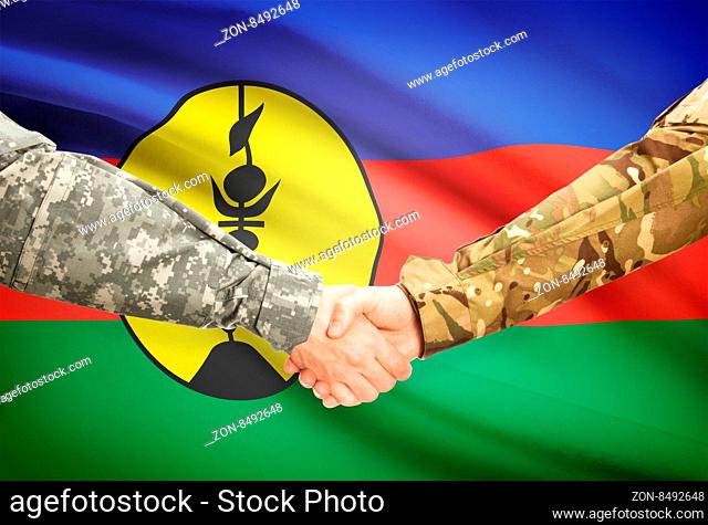 Soldiers shaking hands with flag on background - New Caledonia