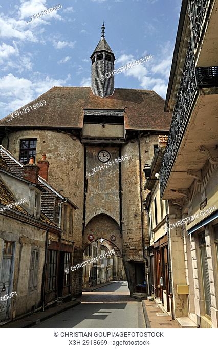 Porte de l'horloge (clock's gate), Ainay-le-Chateau, Allier department, Auvergne-Rhone-Alpes region, France, Europe