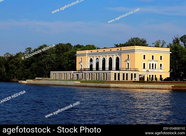 Medium Neva river Stone island embankment cityscape skyline. Sport Boats Club Building. Saint-Petersburg architecture