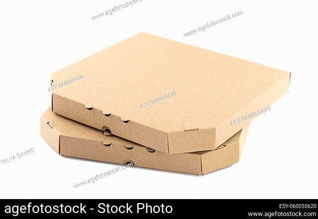 closed brown cardboard pizza box on white background. Takeout food packaging