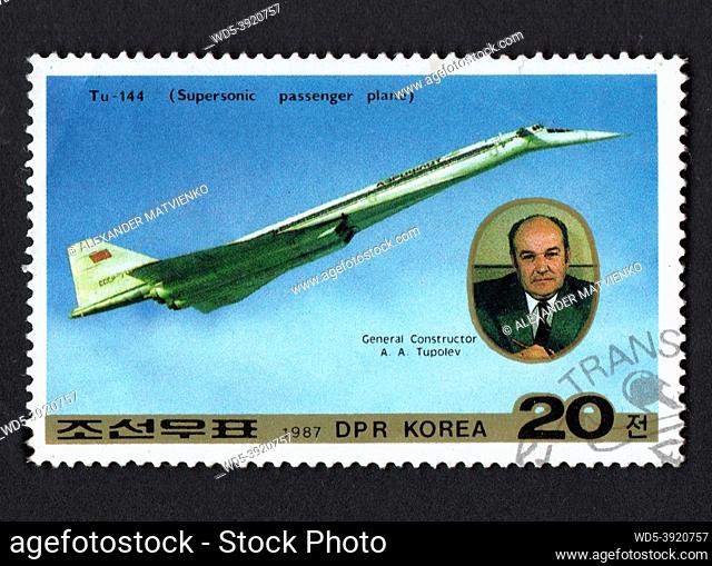 DPR Korea - CIRCA 1987: Post stamp dedicated to Soviet aircraft aircraft Tupolev. History of aviation. Post stamp with image of supersonic passenger plane...