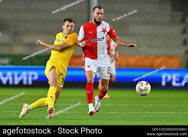 L-R Eduard Sarapii (Dnipro) and Vaclav Jurecka (Slavia) in action during the UEFA Europa League return leg of the 3rd round match Slavia Praha vs Dnipro