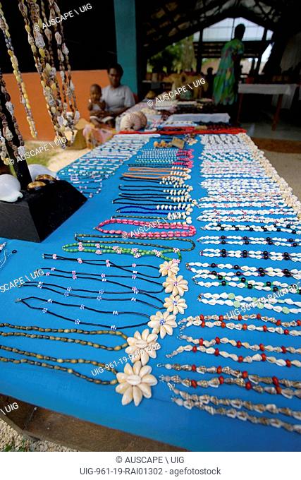 Nambawan market, craft section: a necklaces stall. Port Vila, Efate, Vanuatu. (Photo by: Auscape/UIG)