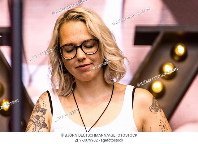 Kiel, Germany - June 16, 2018: Stefanie Heinemann is performing in the Rathaustage during Kiel Week 2018