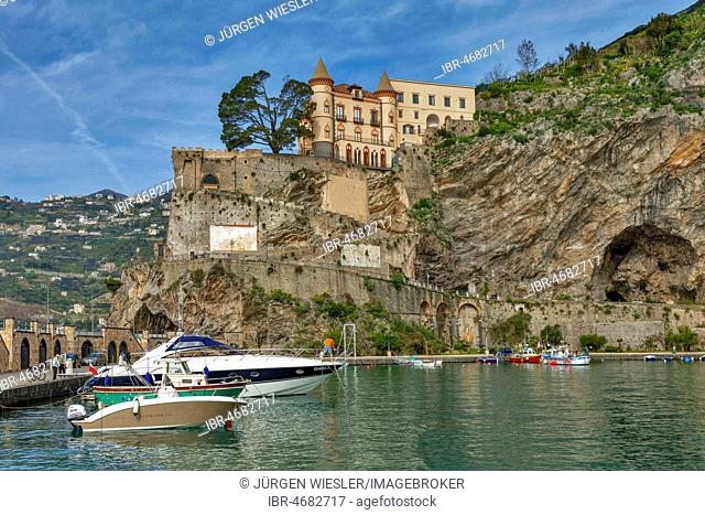 Port with Palazzo Mezzacapo, Maiori, Amalfi Coast, Province of Salerno, Campania, Italy