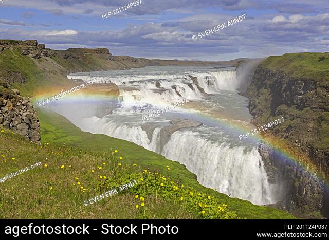 Rainbow over Gullfoss waterfall / Golden Falls located in the canyon of Hvítá river / White River, Haukadalur, southwest Iceland
