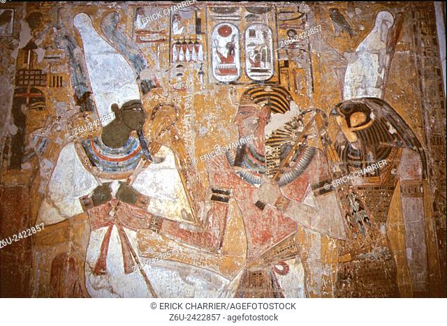 Thebes, West Bank, Kings Valley, Seti I tomb (KV17). Hall E (Porter and Moss), rear wall, Sety I escorted by Horus to Osiris and Hathor