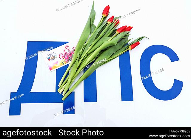 RUSSIA, YEKATERINBURG - MARCH 7, 2023: A view shows tulips for traffic police to present to passing women drivers on 8 Marta Street ahead of International...