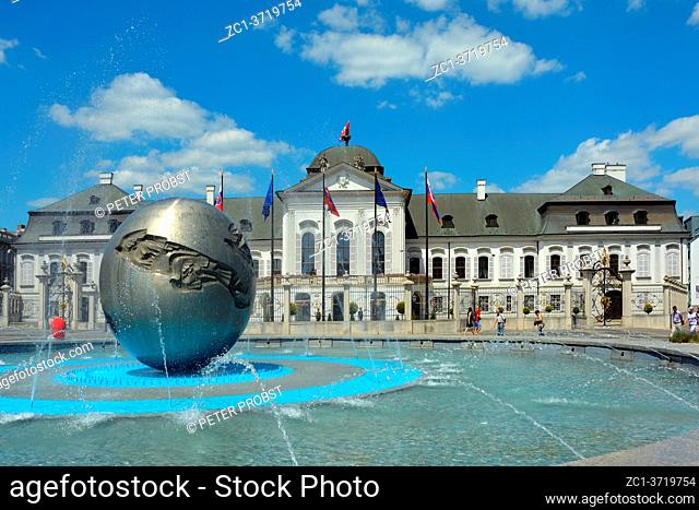 Grassalkovich Palace with the Monument Worldglobe in Bratislava with the official residence of the Slovak President
