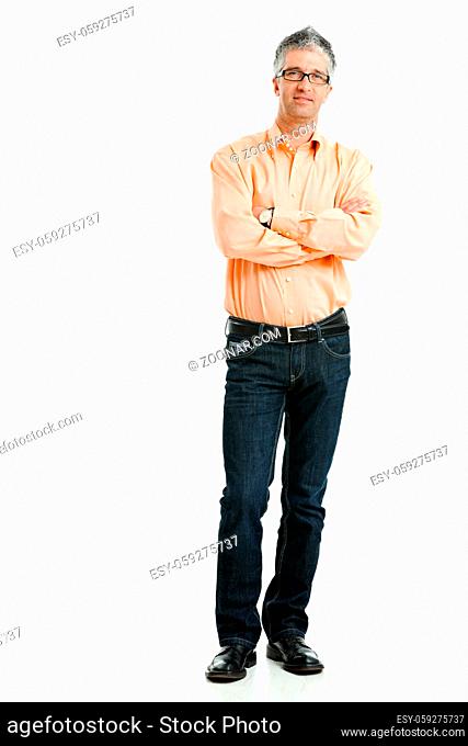 Portrait of mid-adult man posing with arms crossed, isolated on white background