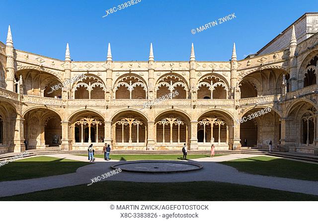 The two storied cloister. Mosteiro dos Jeronimos (Jeronimos Monastery, Hieronymites Monastery) in Belem, listed as UNESCO world heritage
