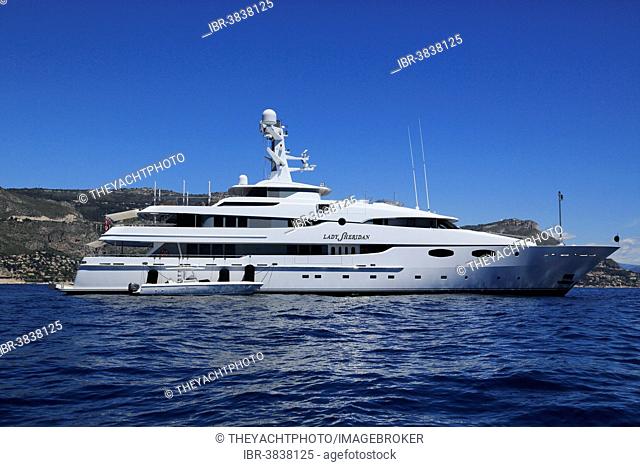 Abeking & Rasmussen motor yacht Lady Sheridan at anchor in front of Eze Bord de Mer, Maritime Alps, Provence Alpes Côte d'Azur, France