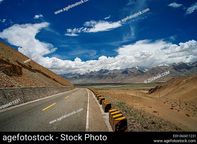 Paved mountain road from Ali to Lhasa through the high central Tibetan plateau, Tibet, China