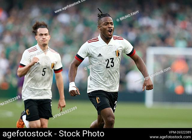 Belgium's Michy Batshuayi celebrates after scoring during a friendly soccer match between Ireland and the Belgian national team, the Red Devils