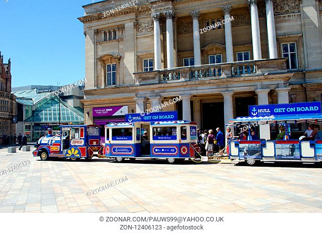 Hull Yorkshire UK - 27 June 2018: Hull Tourist train in front of the City Hall
