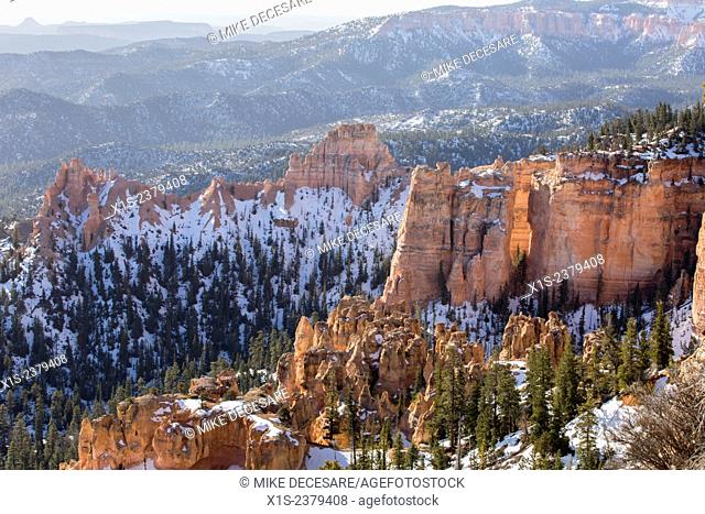 Winter scene in a wide landscape image of Bryce Canyon