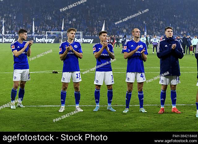 fltr Tom KRAUSS (GE), Cedric BRUNNER (GE), Jordan LARSSON (GE), Henning MATRICIANI (GE), Florian FLICK (GE) stand in front of the Schalke fans after the game...