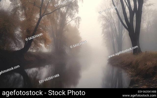 A serene view of a riverbank surrounded by trees and shrouded in thick fog. The fog creates a mystical atmosphere and adds depth to the image