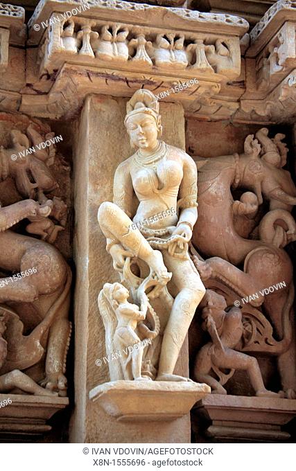 Sculptures on the wall of Hindu temple, Khajuraho, Madhya Pradesh, India