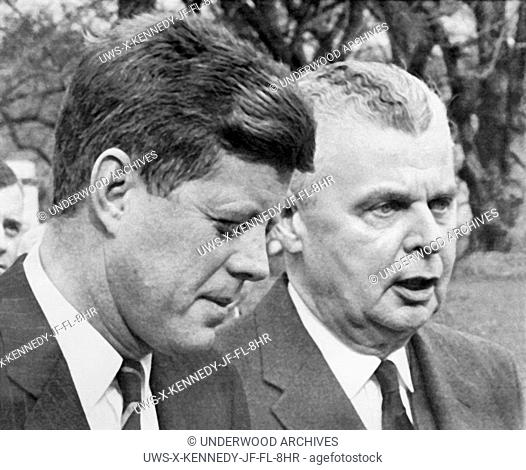 Washington, D.C.: February 20, 1962.President Kennedy and Canadian Prime Minister John Diefenbaker talk and walk across the White House grounds after their...