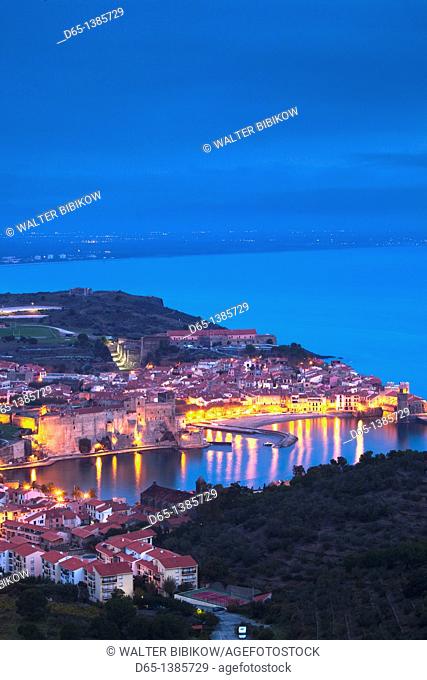 France, Languedoc-Roussillon, Pyrennes-Orientales Department, Vermillion Coast Area, Collioure, town overview, dawn