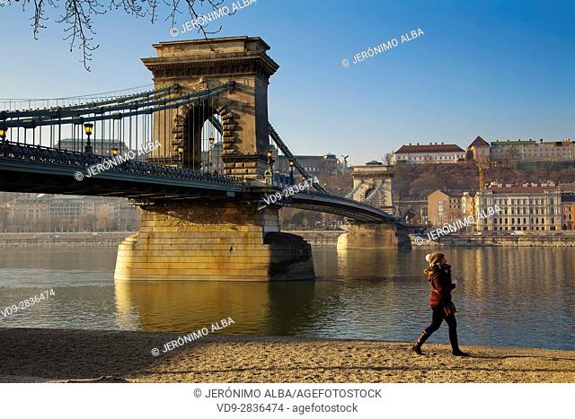 Chain Bridge over the Danube river, engineer William Tierny Clark. Budapest Hungary, Southeast Europe