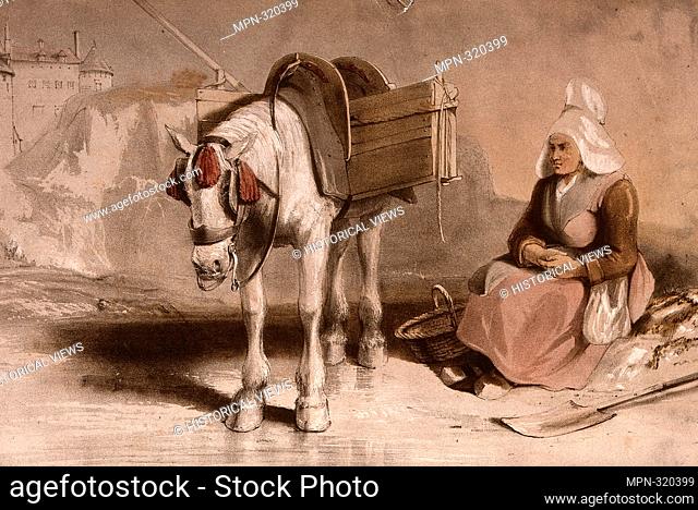 A woman sits on a rock with a spade and basket on the ground, a horse with wooden panniers stands nearby. Coloured lithograph. -