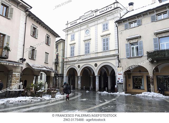 View of the Market Square after the snowstorm. Domodossola, Piedmont. Italy