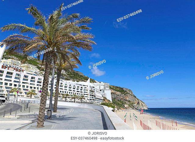 Promenade near the beach and the Atlantic coast of Sesimbra, Portugal