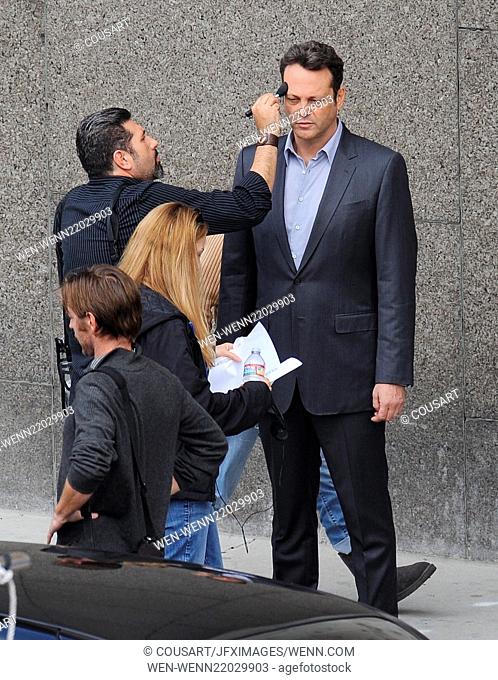 Actor Vince Vaughn sports a gray suit for his new role in ""True Detectives"" filming in downtown Los Angeles. Featuring: Vince Vaughn Where: Los Angeles