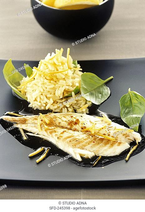Barbecued sea bream with rice and lemon zest