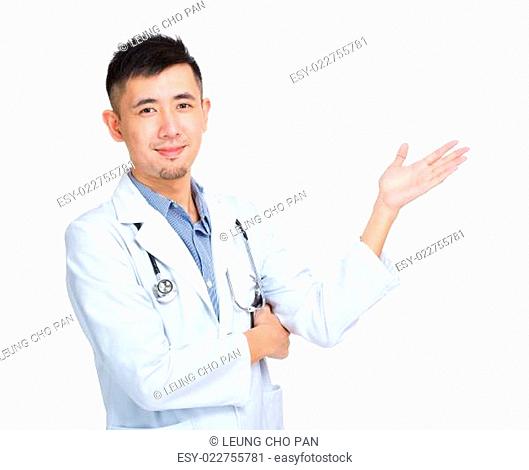 Young doctor show something by hand