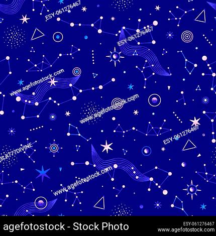 Space seamless patterns of planets, stars, other celestial bodies. Vector illustration on theme of astrology, astronomy. Cosmic background. Night sky