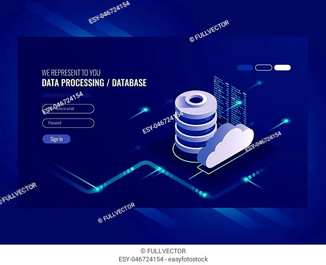Big data flow processing concept, cloud database, isometric vector, web hosting and server room icons ultraviolet