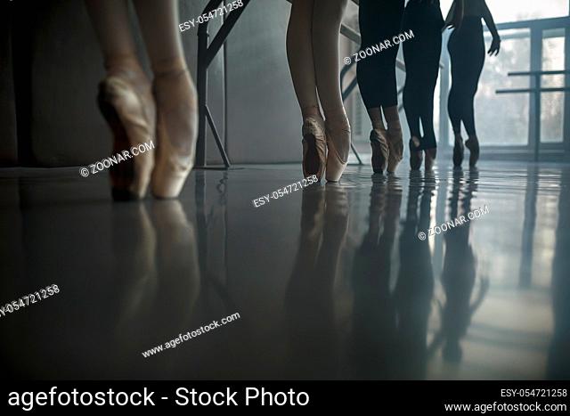 Group of ballet dancers stands near the ballet barre at the ballet hall against the big window. Daylight falls on them. Shoot from a low angle