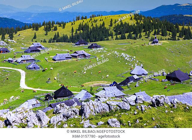 Mountains in summer and huts. Velika Planina sky area. Upper Carniola region. Slovenia, Europe