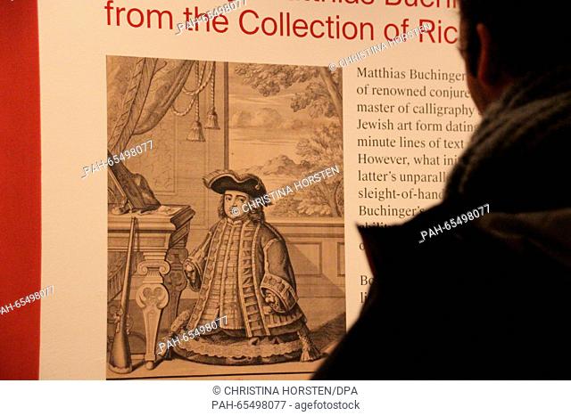 A vistor is looking with at in the Buchinger exhibition at an image of Matthias Buchinger at the Metropolitan Museum in New York, US, 24 January 2016