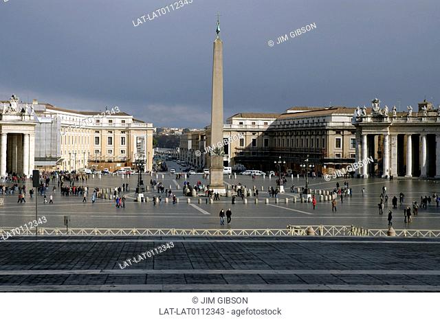 The Vatican. St Peter's Basilica church. St Peter's Square. Colonnades. Obelisk. Crowds of people