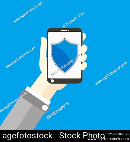 Flat design with human hand, smartphone and protection shield. Eps 10 vector file