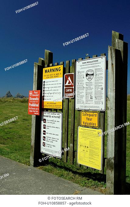 OR, Oregon, Pacific Ocean, Pacific Coast Scenic Byway, Rt Route, Highway 101, Samuel H. Boardman Scenic Corridor, warning signs, ocean shore hazards