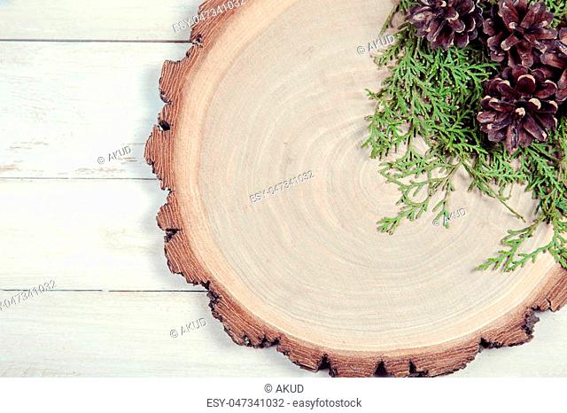 Wooden board with leaves of thuja and pine cones on white wooden table
