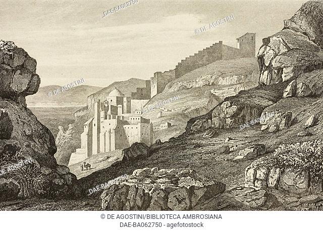 Mar Saba monastery or Holy Lavra of Saint Sabbas the Sanctified and Cedron stream, Palestine, engraving by Lemaitre and Gaucherel from Palestine