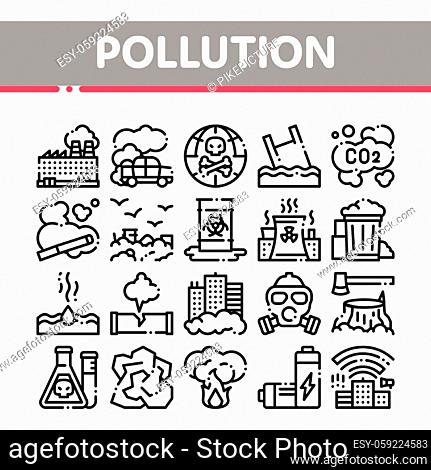 Pollution of Nature Vector Thin Line Icons Set. Environmental Pollution, Chemical, Radiological Contamination Linear Pictograms