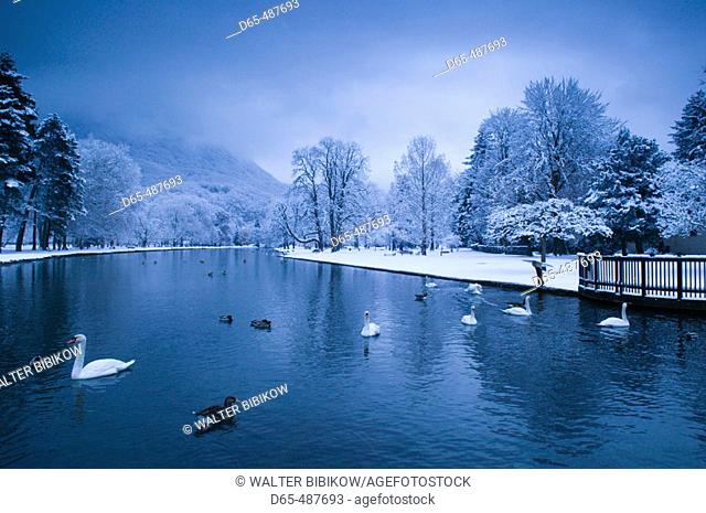 Chateau de Vizille Park after winter storm. Swan Lake. Vizille. Isère. French Alps. France