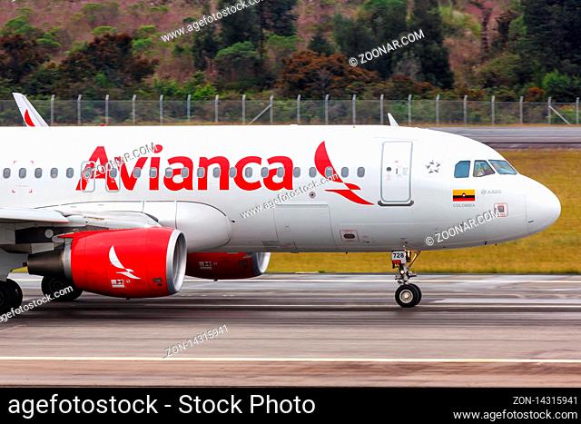 Medellin, Colombia ? January 25, 2019: Avianca Airbus A320 airplane at Medellin airport (MDE) in Colombia