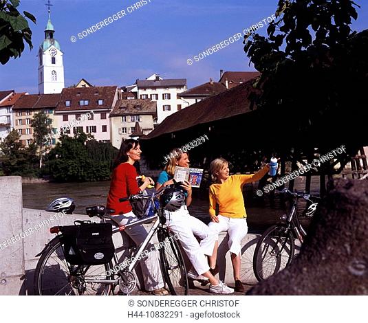 Switzerland, Europe, City of Olten, Old town, River Aare, Three Women, Girlfriends, Group, Bicycle, Bicycles, Bicyclin