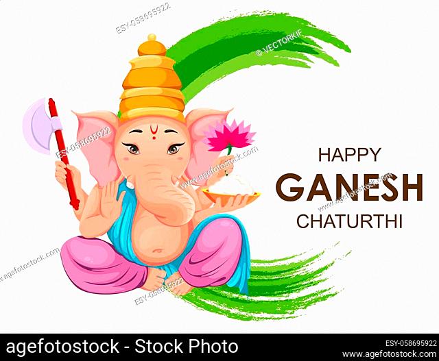 Lord Ganesha. Greeting card with Ganpati idol in traditional Indian clothes for Ganesha Chaturthi holiday. Vector illustration on abstract background