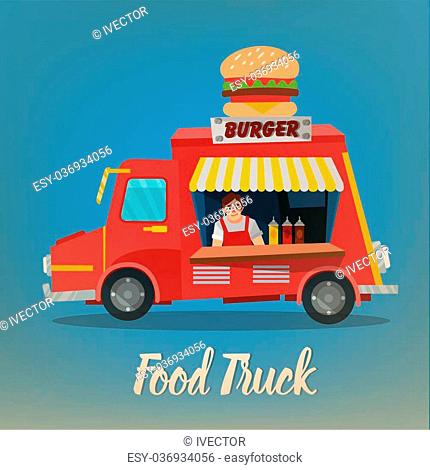 Street Food Concept with Burger Food Truck and Seller. Vector illustration,  Stock Vector, Vector And Low Budget Royalty Free Image. Pic. ESY-036934056  | agefotostock