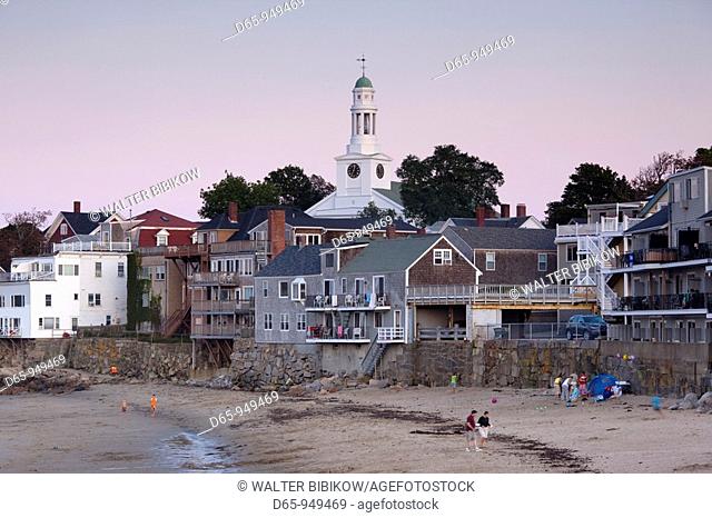 USA, Massachusetts, Cape Ann, Rockport, town view from Front Beach, dusk