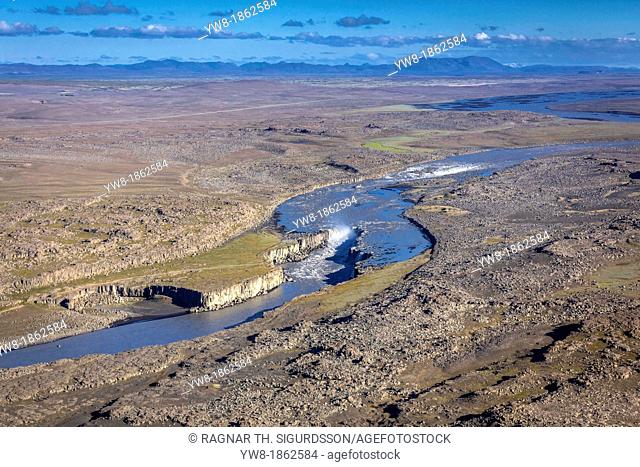 Aerial of Hljodaklettar, Northern Iceland  Hljodaklettar Echo Cliffs are rock formations from ancient craters, which mostly consist of basaltic columns  The...